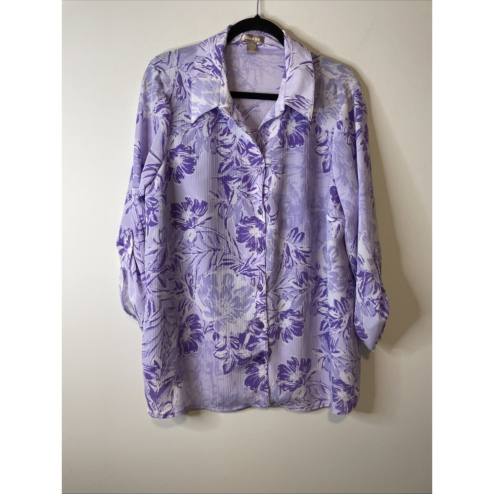 White Stag Button Front Blouse Women 2X 18W/20W Purple Floral 3/4 Sleeve Boho